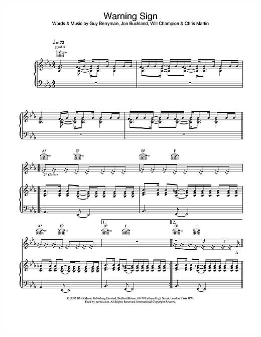 Learn to play Coldplay Warning Sign sheet music for Piano, Vocal & Guitar in minutes. Coldplay Warning Sign sheet music notes and chords
