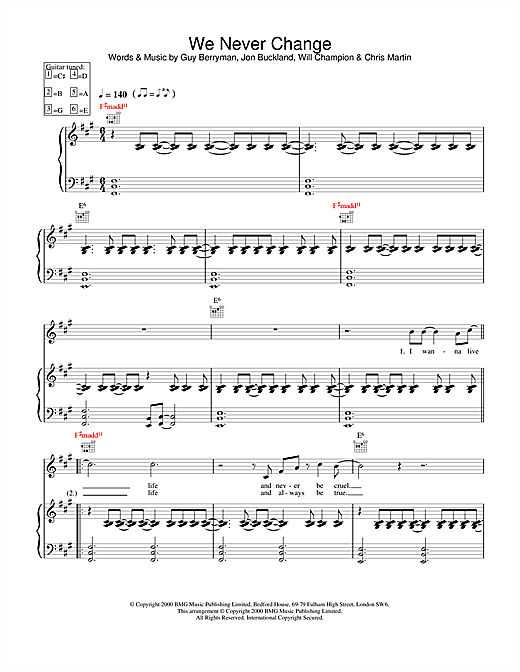 Learn to play Coldplay We Never Change sheet music for Piano, Vocal & Guitar in minutes. Coldplay We Never Change sheet music notes and chords