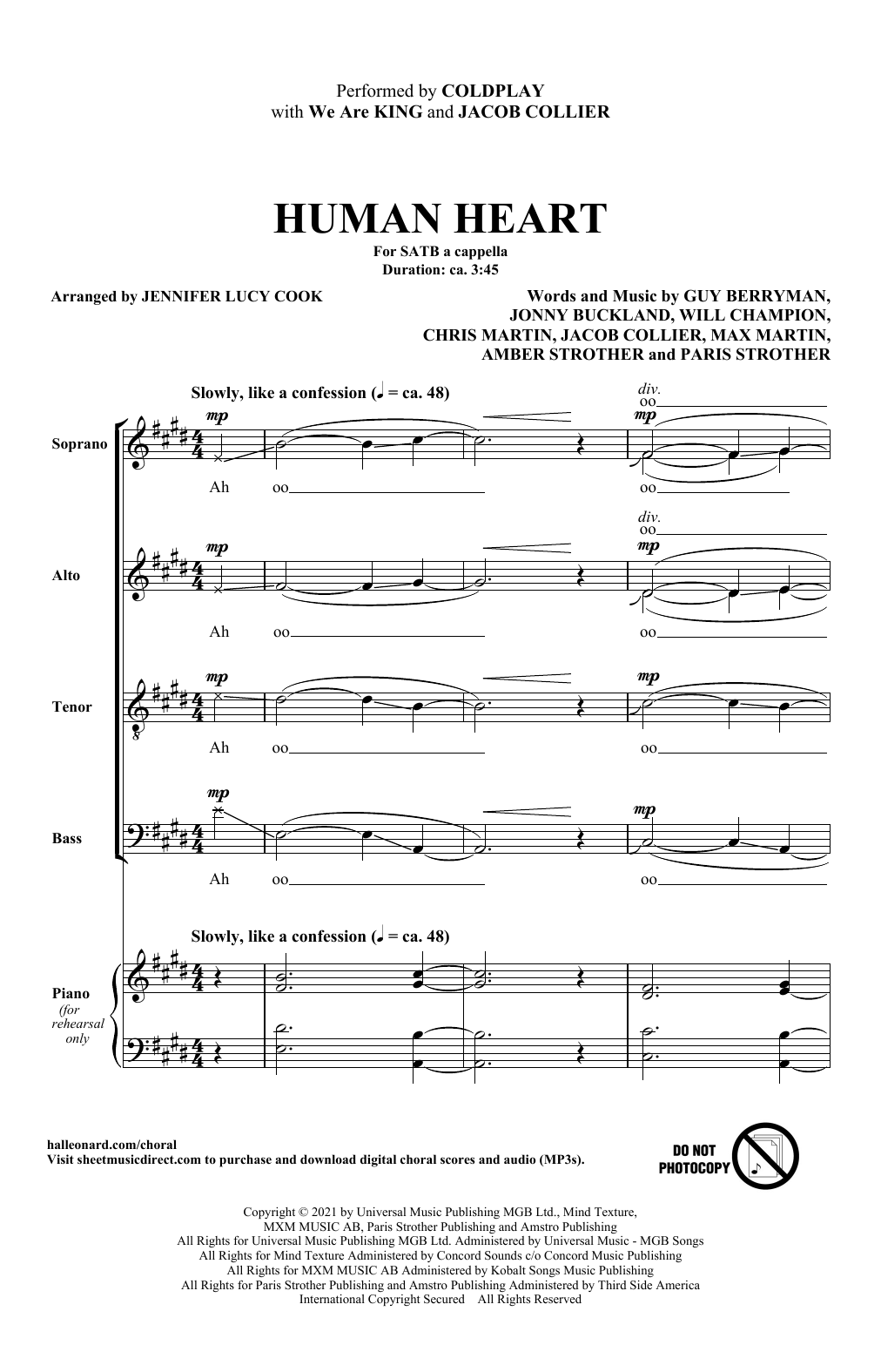 Coldplay, We Are KING, and Jacob Collier Human Heart (arr. Jennifer Lucy Cook) sheet music, chords, lyrics - Printable PDF for SATB Choir