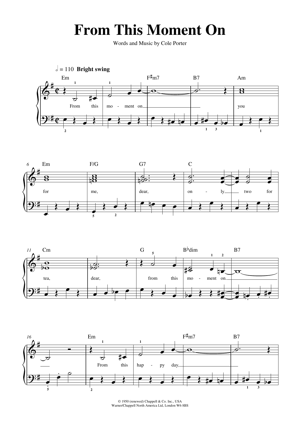 Cole Porter From This Moment On (from Out Of This World) sheet music, chords, lyrics - Printable PDF for Easy Piano