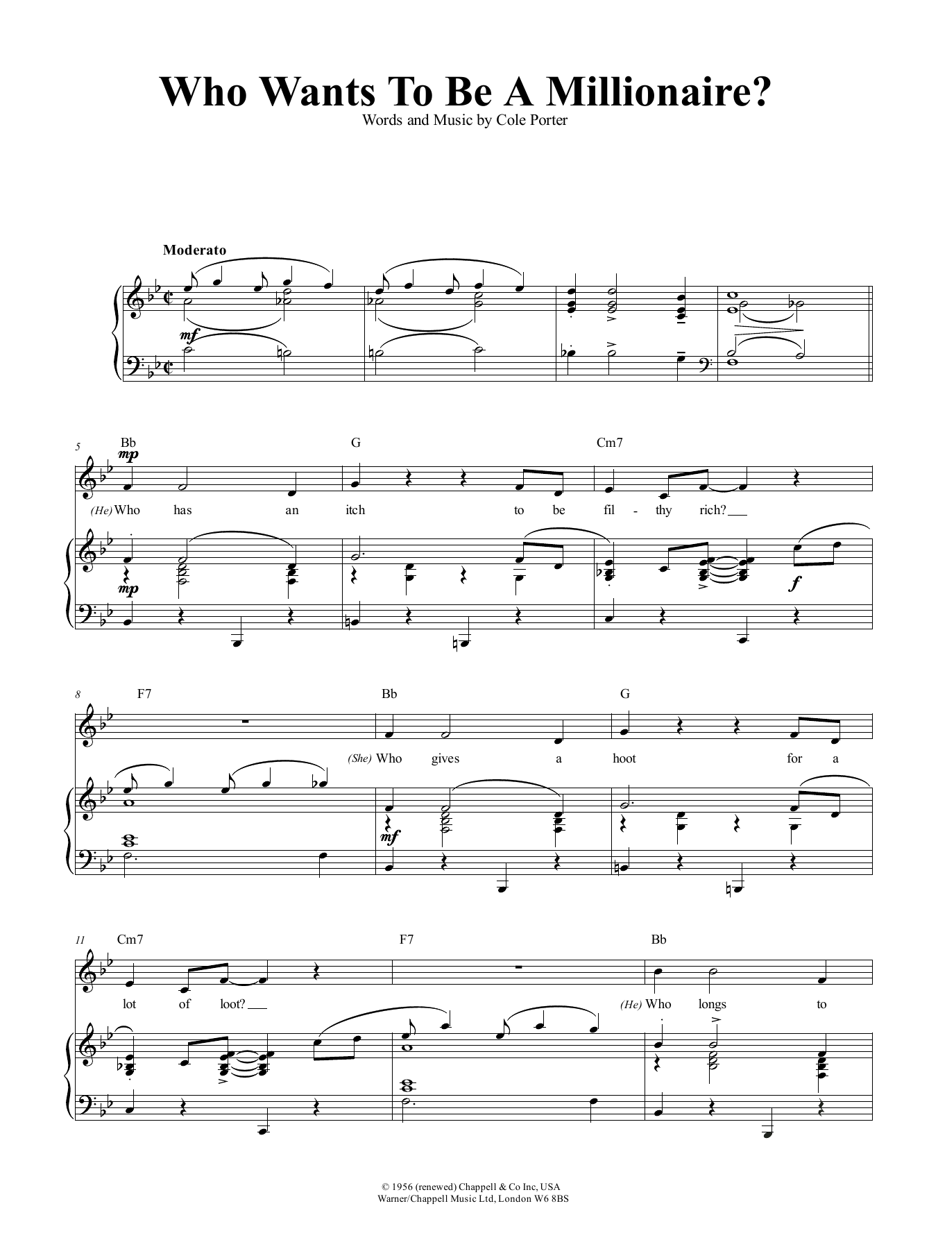 Cole Porter Who Wants To Be A Millionaire? sheet music, chords, lyrics - Printable PDF for Piano, Vocal & Guitar (Right-Hand Melody)