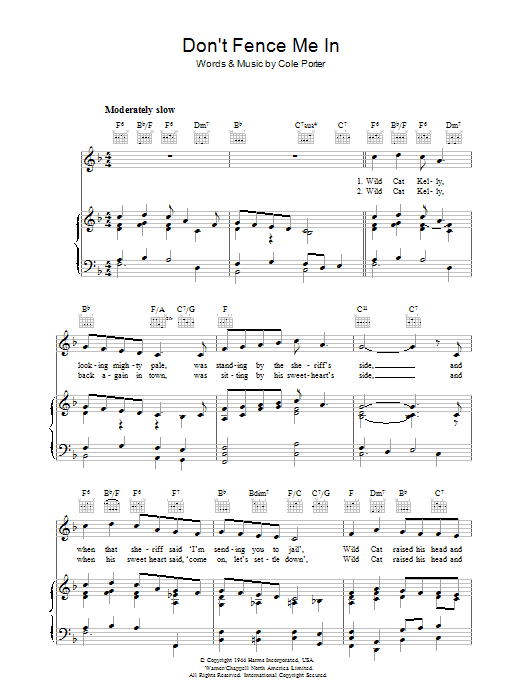 Learn to play Cole Porter Don't Fence Me In sheet music for Piano, Vocal & Guitar (Right-Hand Melody) in minutes. Cole Porter Don't Fence Me In sheet music preview music notes and score for Piano, Vocal & Guitar (Right-Hand Melody) including 5 page(s)