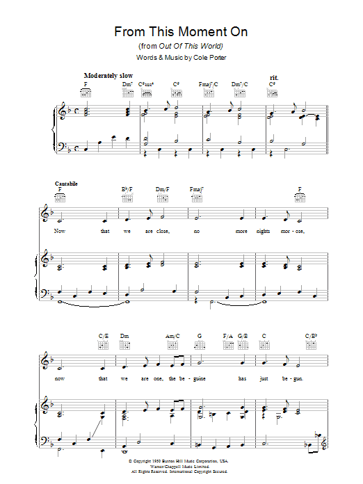 Learn to play Cole Porter From This Moment On sheet music for Piano, Vocal & Guitar (Right-Hand Melody) in minutes. Cole Porter From This Moment On sheet music preview music notes and score for Piano, Vocal & Guitar (Right-Hand Melody) including 6 page(s)