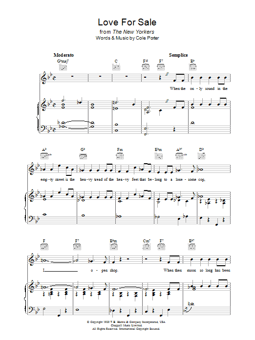 Cole Porter Love For Sale sheet music preview music notes and score for Piano, Vocal & Guitar (Right-Hand Melody) including 6 page(s)