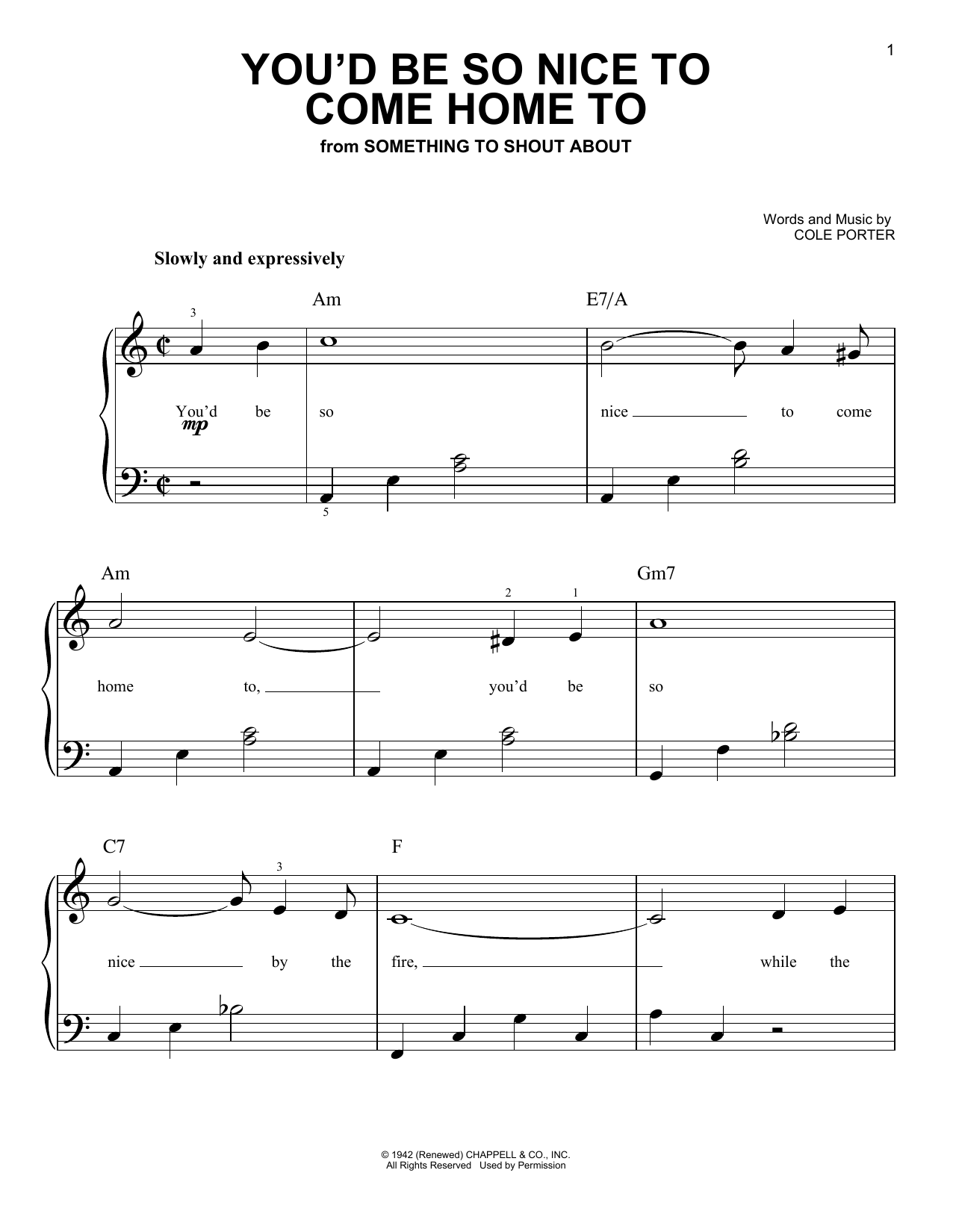 Learn to play Cole Porter You'd Be So Nice To Come Home To sheet music for Piano, Vocal & Guitar (Right-Hand Melody) in minutes. Cole Porter You'd Be So Nice To Come Home To sheet music preview music notes and score for Piano, Vocal & Guitar (Right-Hand Melody) including 4 page(s)