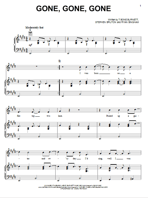 Colin Farrell Gone, Gone, Gone sheet music, chords, lyrics - Printable PDF for Piano, Vocal & Guitar (Right-Hand Melody)