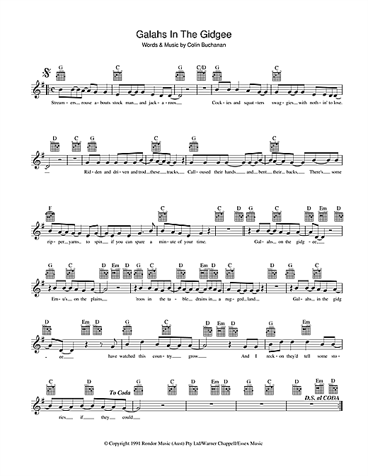 Learn to play Colin Buchanan Galahs In The Gidgee sheet music for Melody Line, Lyrics & Chords in minutes. Colin Buchanan Galahs In The Gidgee sheet music preview music notes and score for Melody Line, Lyrics & Chords including 2 page(s)