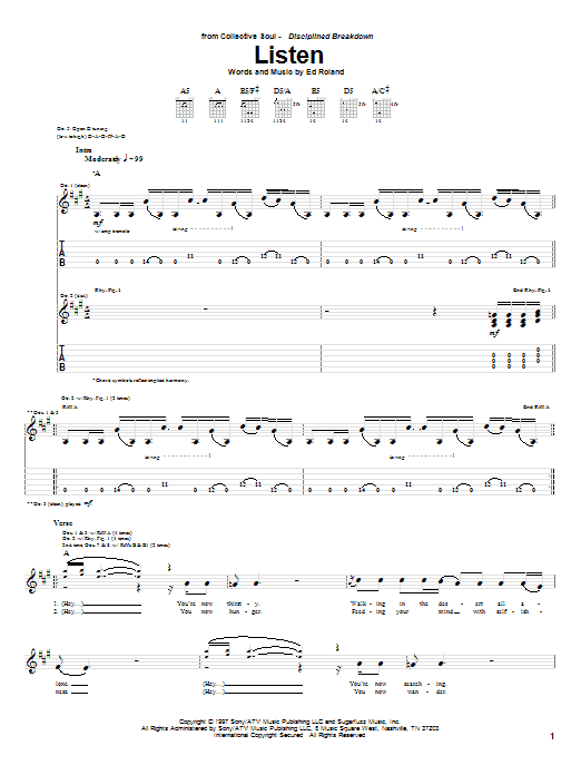 Collective Soul Listen sheet music, chords, lyrics - Printable PDF for Guitar Tab