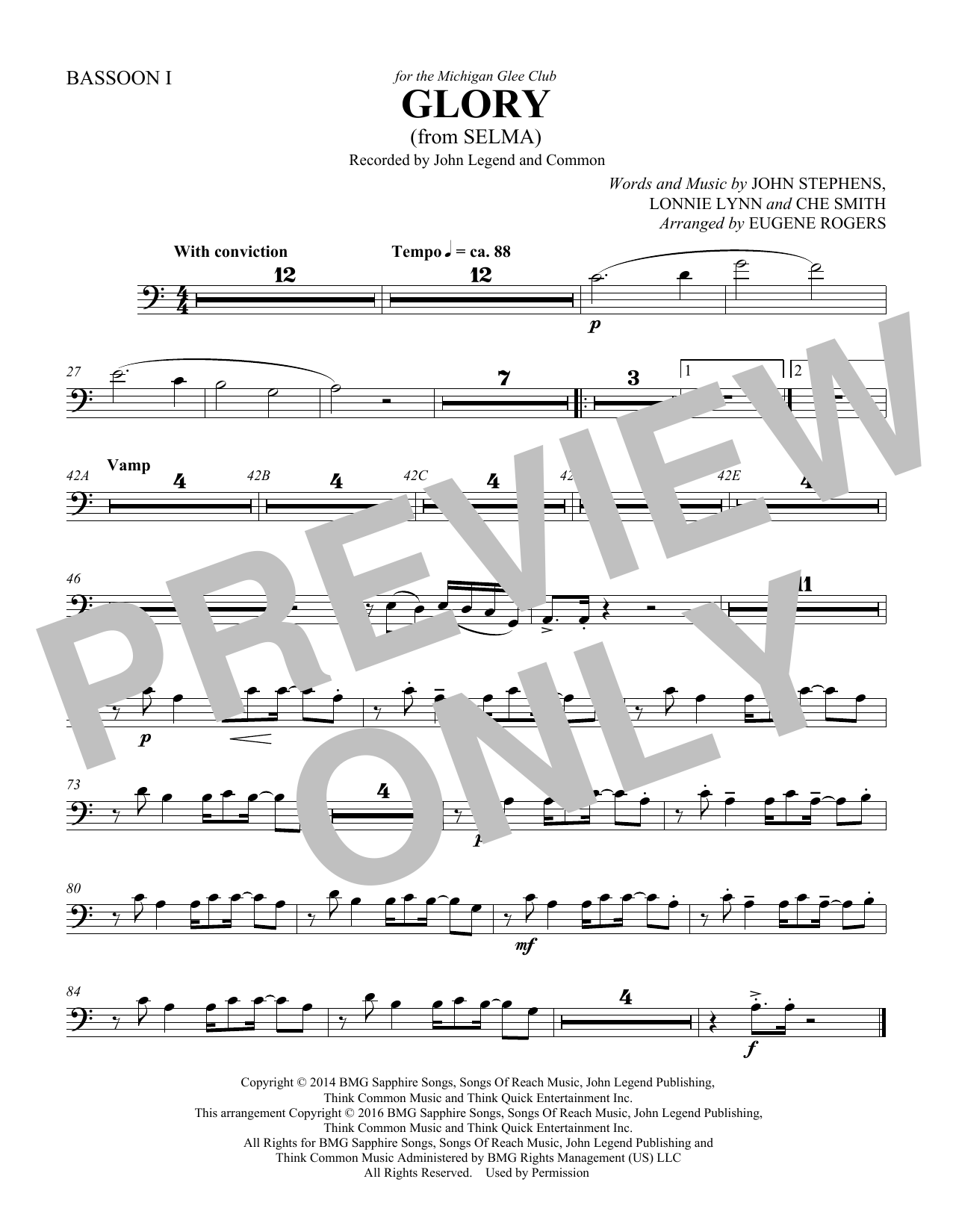 Learn to play Common & John Legend Glory (from Selma) (arr. Eugene Rogers) - Bassoon 2 sheet music for Choir Instrumental Pak in minutes. Common & John Legend Glory (from Selma) (arr. Eugene Rogers) - Bassoon 2 sheet music preview music notes and score for Choir Instrumental Pak including 1 page(s)