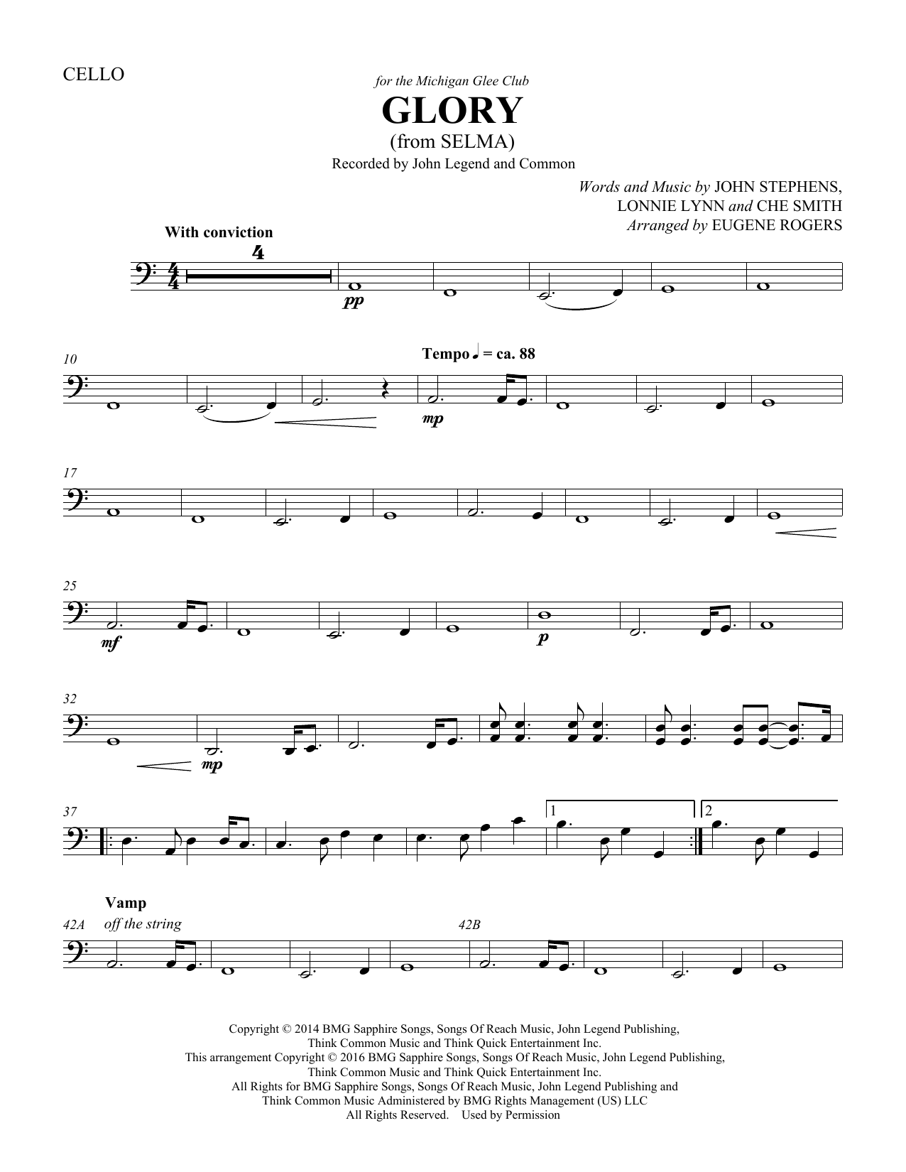 Learn to play Common & John Legend Glory (from Selma) (arr. Eugene Rogers) - Cello sheet music for Choir Instrumental Pak in minutes. Common & John Legend Glory (from Selma) (arr. Eugene Rogers) - Cello sheet music preview music notes and score for Choir Instrumental Pak including 2 page(s)