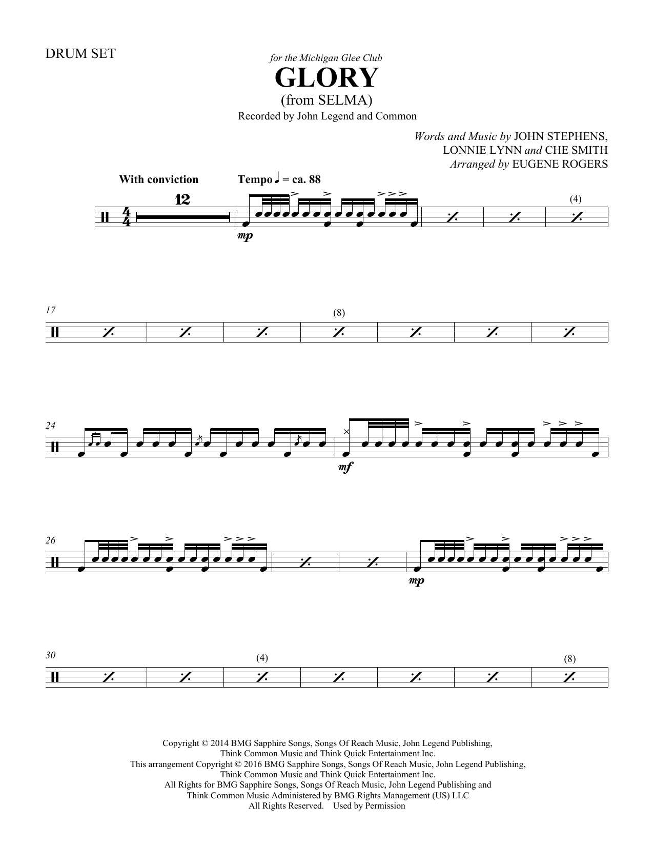 Learn to play Common & John Legend Glory (from Selma) (arr. Eugene Rogers) - Drum Set sheet music for Choir Instrumental Pak in minutes. Common & John Legend Glory (from Selma) (arr. Eugene Rogers) - Drum Set sheet music preview music notes and score for Choir Instrumental Pak including 3 page(s)