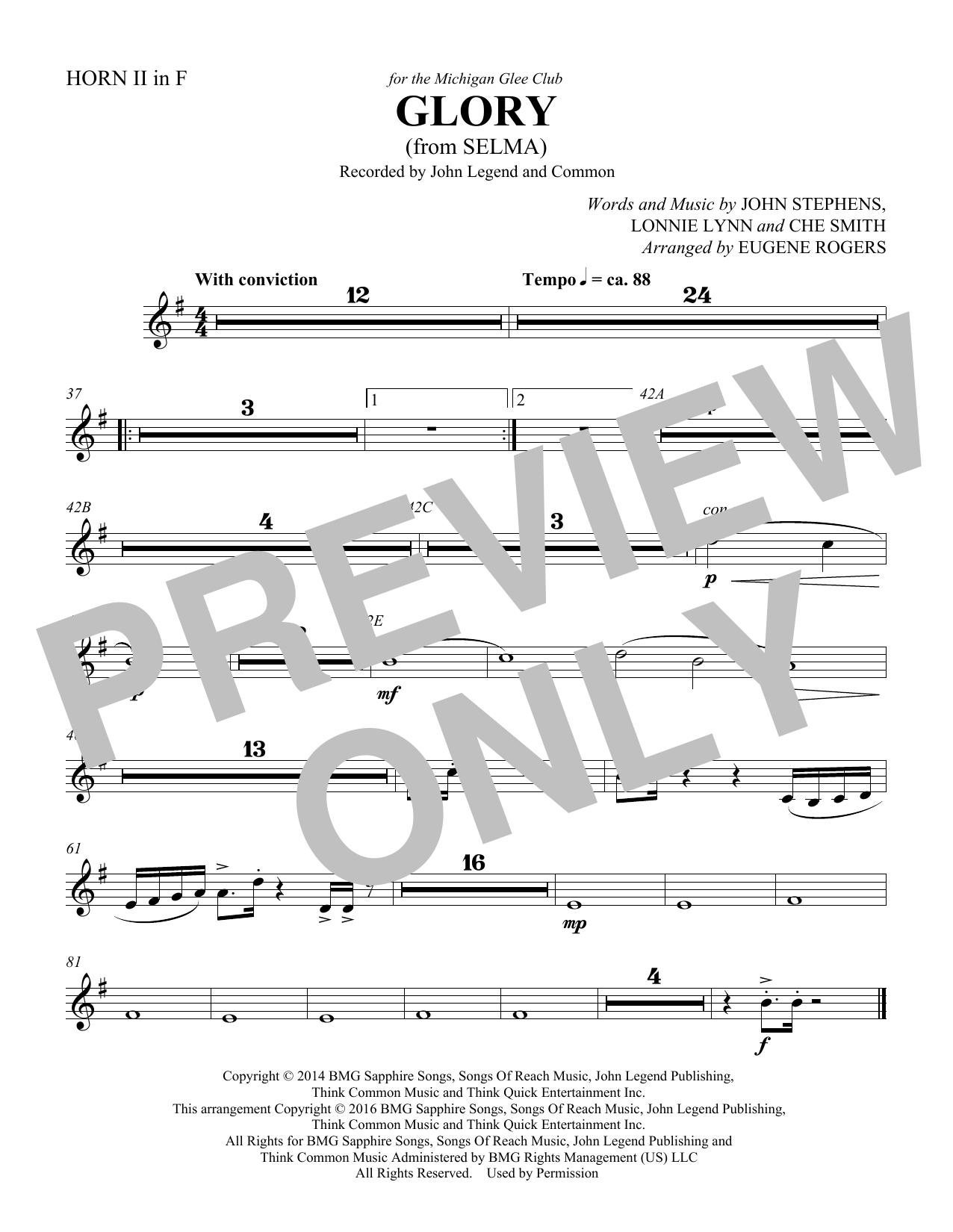 Learn to play Common & John Legend Glory (from Selma) (arr. Eugene Rogers) - Horn 2 in F sheet music for Choir Instrumental Pak in minutes. Common & John Legend Glory (from Selma) (arr. Eugene Rogers) - Horn 2 in F sheet music preview music notes and score for Choir Instrumental Pak including 1 page(s)