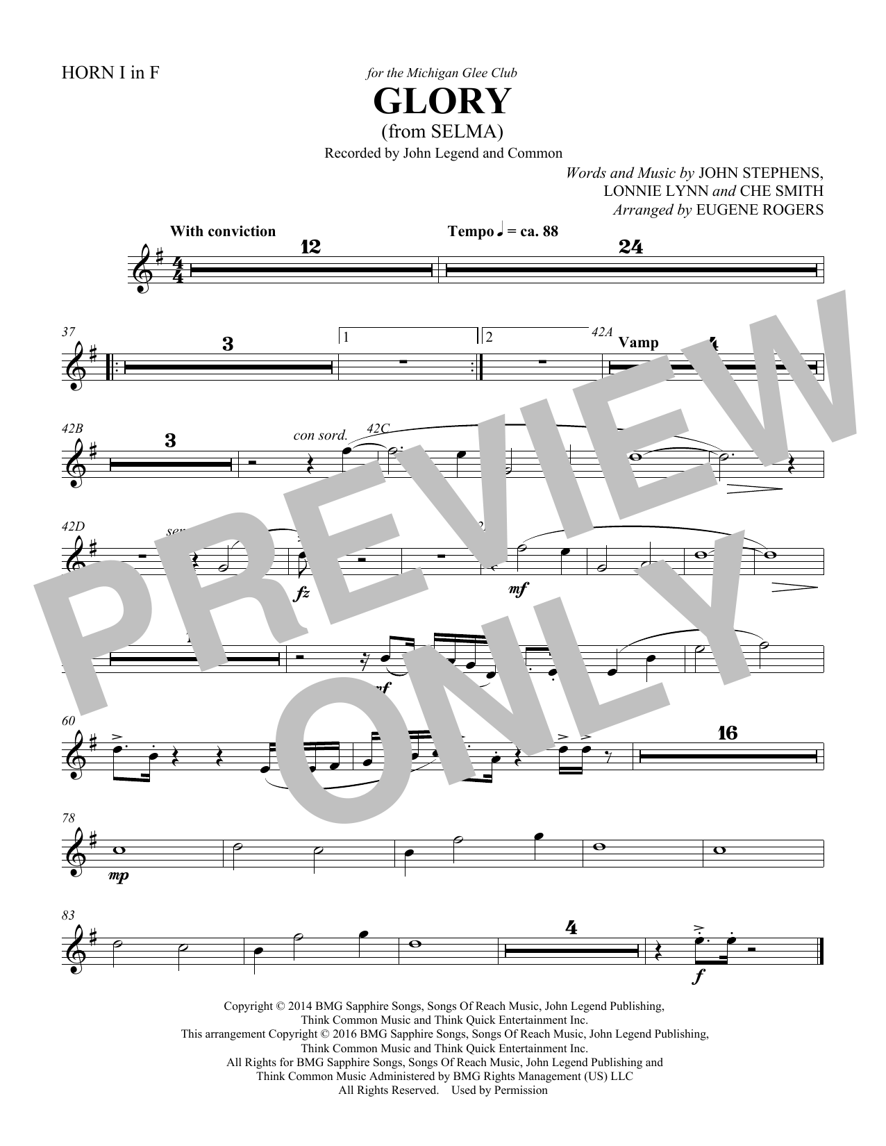Learn to play Common & John Legend Glory (from Selma) (arr. Eugene Rogers) - Score sheet music for Choir Instrumental Pak in minutes. Common & John Legend Glory (from Selma) (arr. Eugene Rogers) - Score sheet music preview music notes and score for Choir Instrumental Pak including 1 page(s)