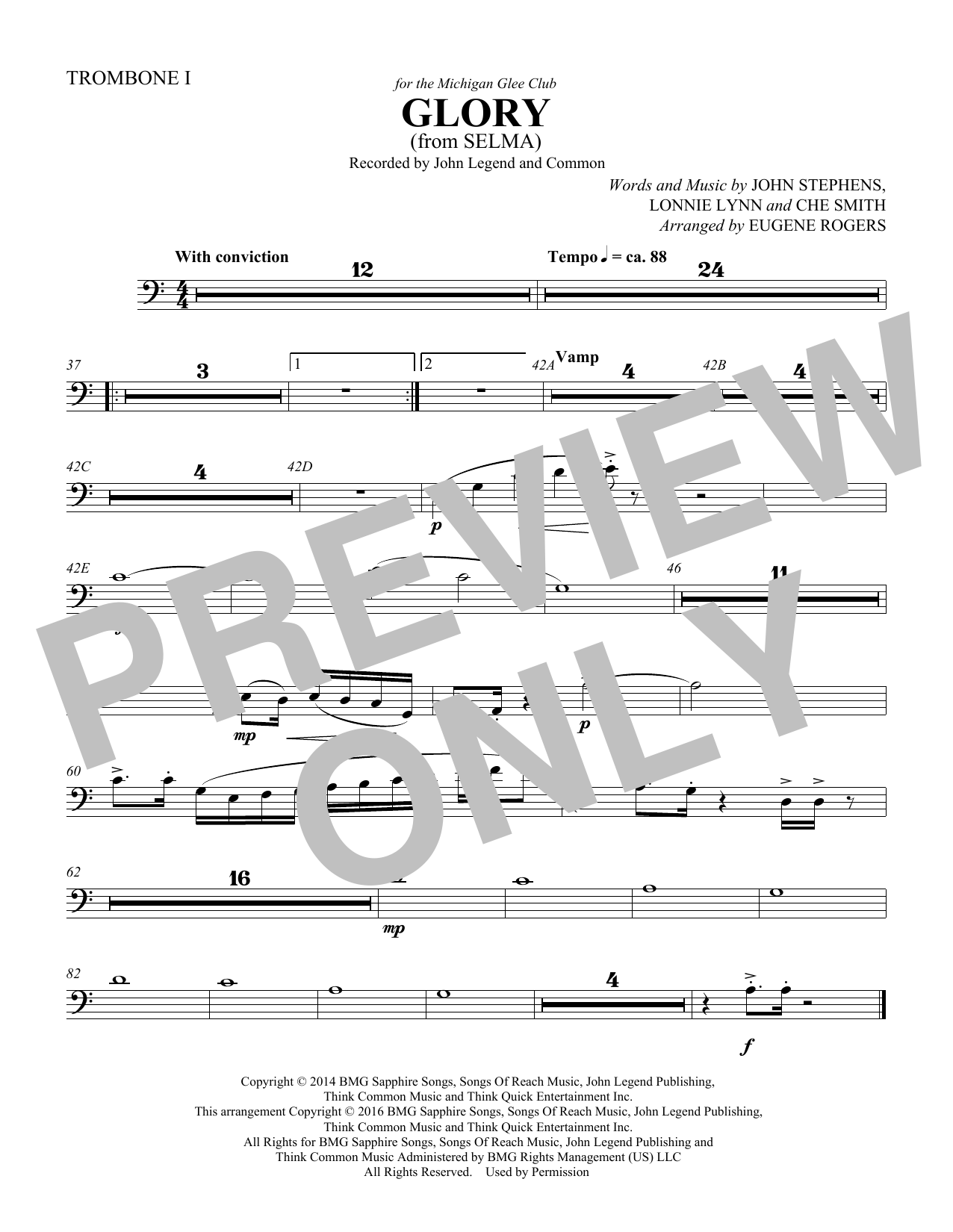 Learn to play Common & John Legend Glory (from Selma) (arr. Eugene Rogers) - Trombone 1 sheet music for Choir Instrumental Pak in minutes. Common & John Legend Glory (from Selma) (arr. Eugene Rogers) - Trombone 1 sheet music preview music notes and score for Choir Instrumental Pak including 1 page(s)