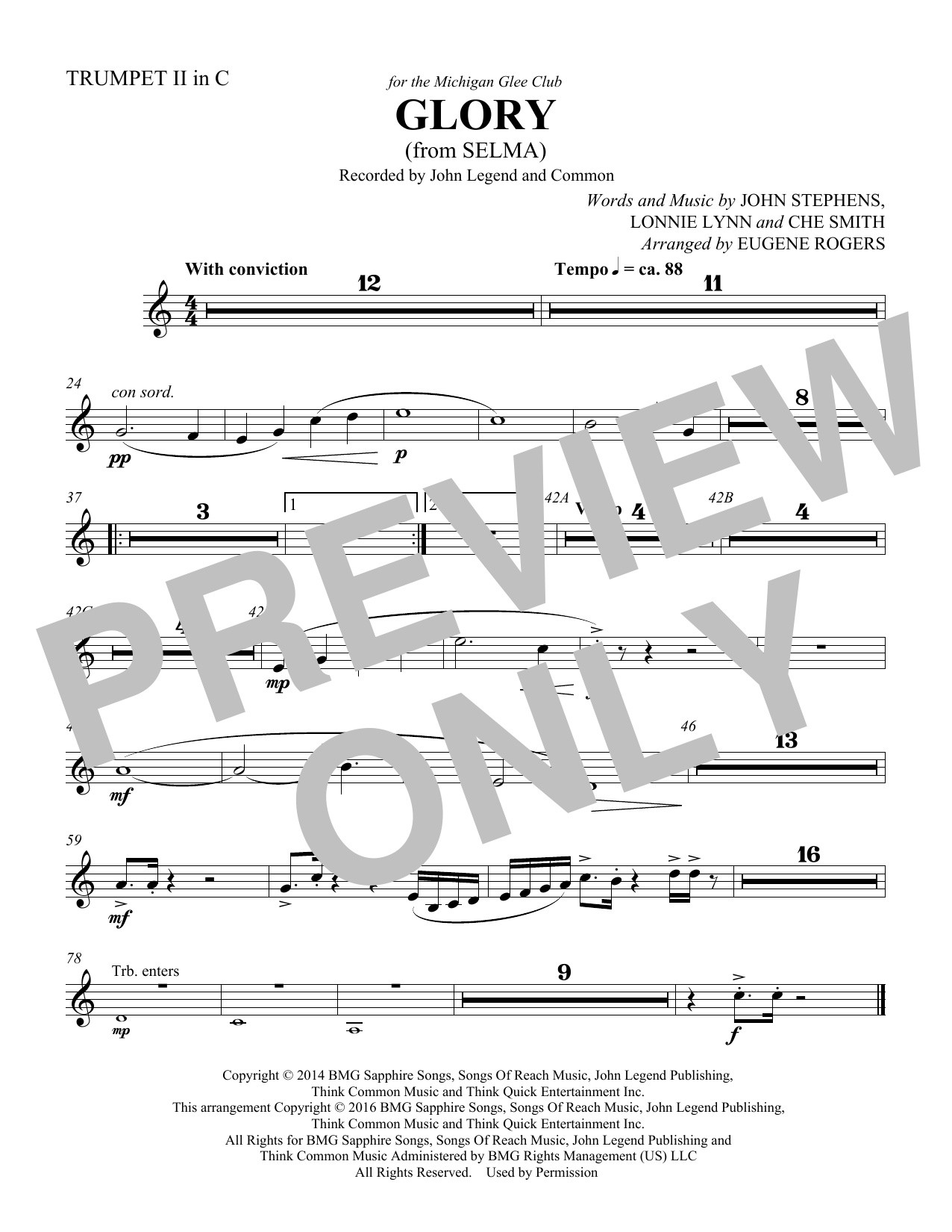 Learn to play Common & John Legend Glory (from Selma) (arr. Eugene Rogers) - Trumpet 2 in C sheet music for Choir Instrumental Pak in minutes. Common & John Legend Glory (from Selma) (arr. Eugene Rogers) - Trumpet 2 in C sheet music preview music notes and score for Choir Instrumental Pak including 1 page(s)
