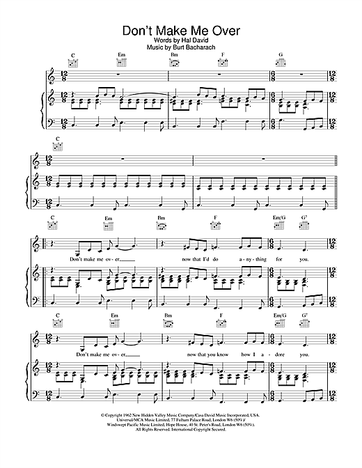 Learn to play Connie Francis Don't Make Me Over sheet music for Piano, Vocal & Guitar (Right-Hand Melody) in minutes. Connie Francis Don't Make Me Over sheet music notes and chords