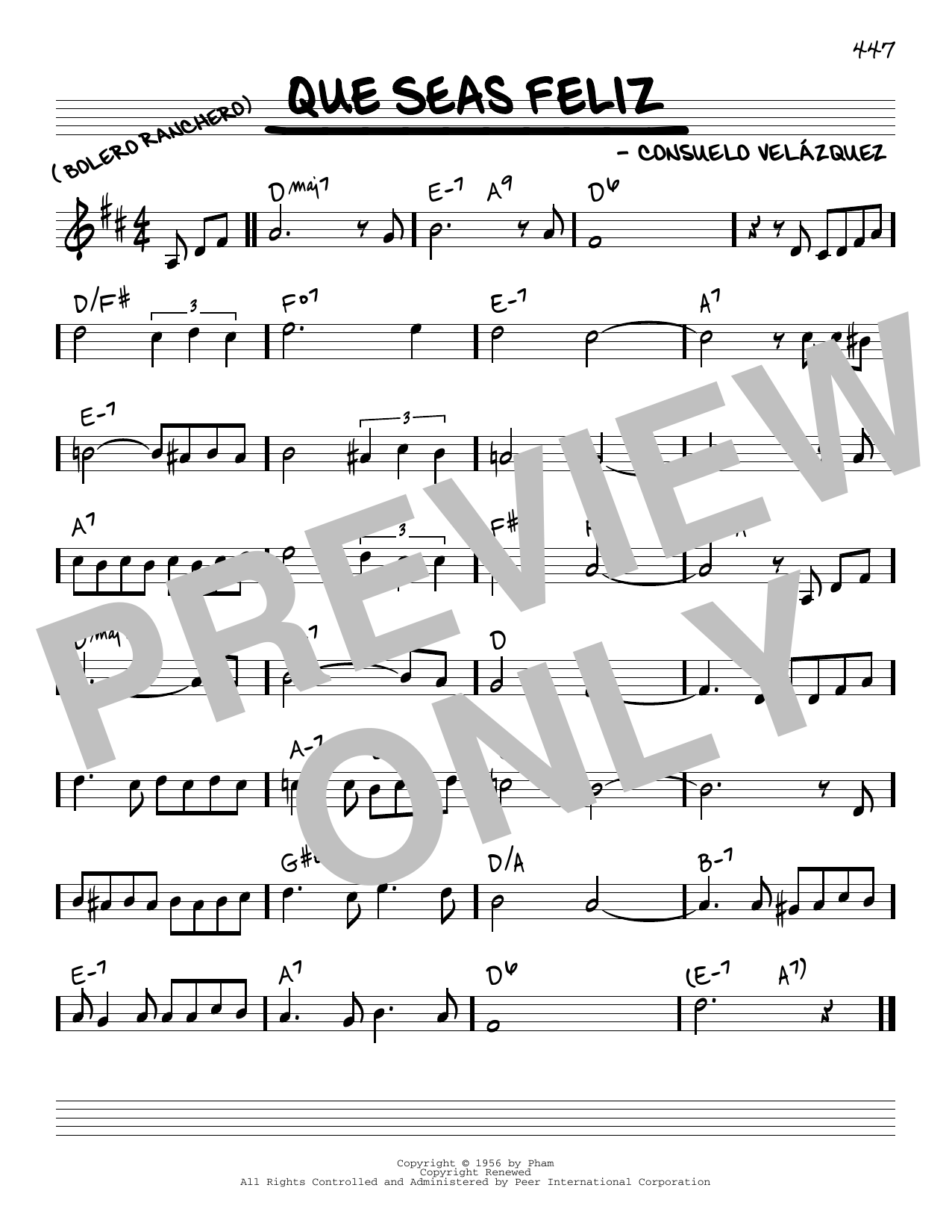 Learn to play Consuelo Velazquez Que Seas Feliz sheet music for Real Book – Melody & Chords in minutes. Consuelo Velazquez Que Seas Feliz sheet music preview music notes and score for Real Book – Melody & Chords including 1 page(s)