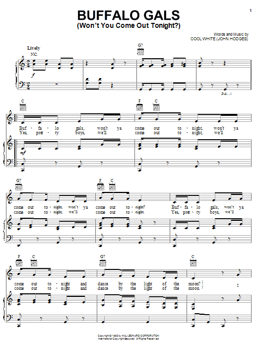 Download Cool White Buffalo Gals (Won't You Come Out Tonight?) sheet music notes and chords for Piano, Vocal & Guitar (Right-Hand Melody) - Download Printable PDF and start playing in minutes.
