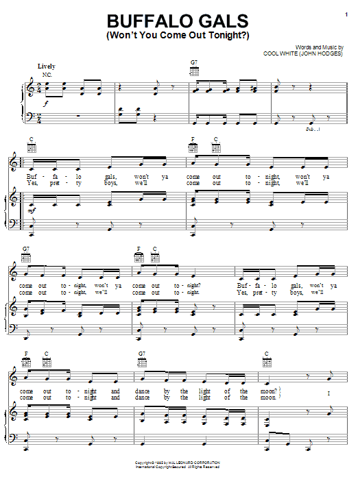 Learn to play Cool White Buffalo Gals (Won't You Come Out Tonight?) sheet music for Piano, Vocal & Guitar (Right-Hand Melody) in minutes. Cool White Buffalo Gals (Won't You Come Out Tonight?) sheet music notes and chords
