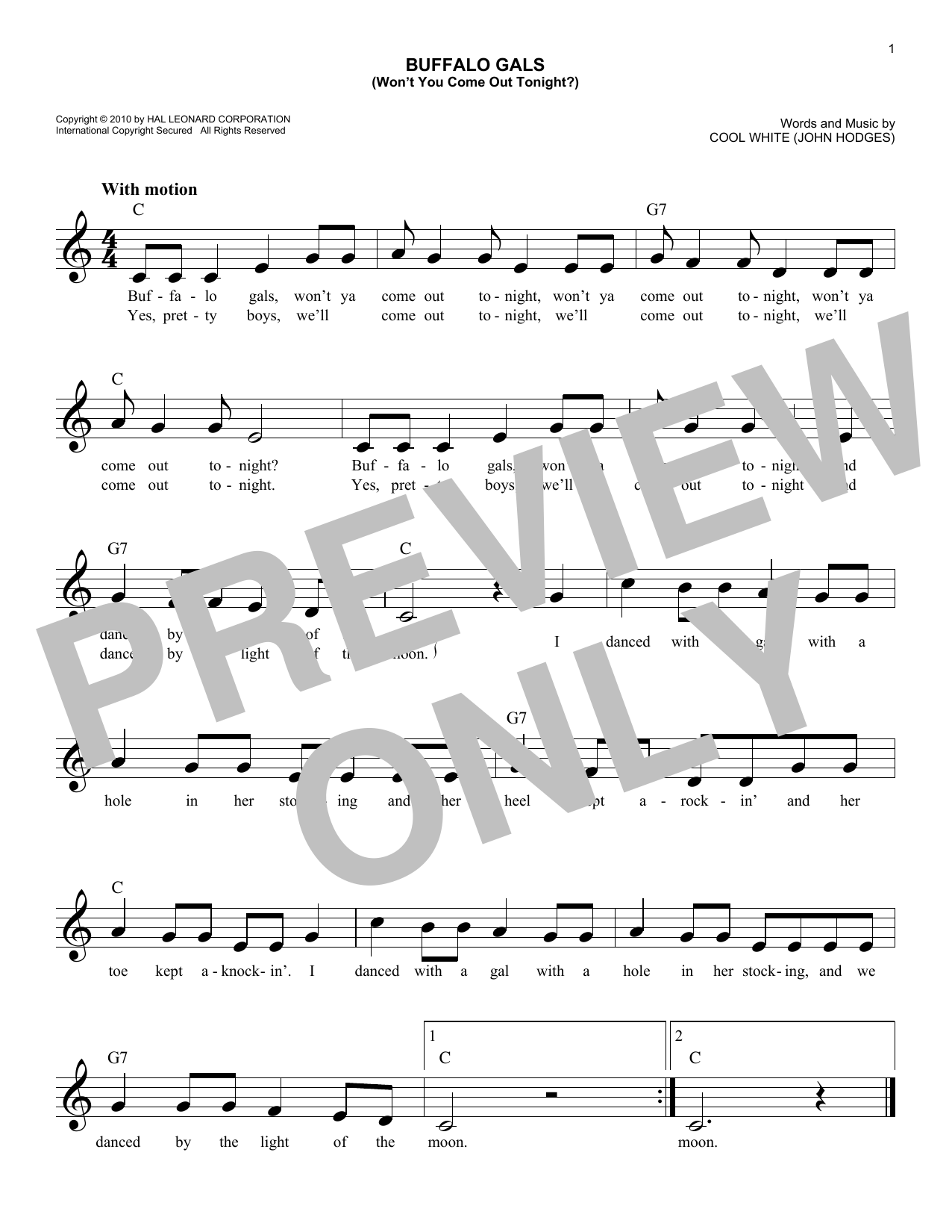 Cool White (John Hodges) Buffalo Gals (Won't You Come Out Tonight?) sheet music preview music notes and score for E-Z Play Today including 1 page(s)