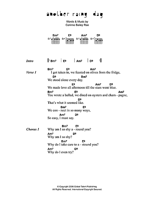 Corinne Bailey Rae Another Rainy Day sheet music, chords, lyrics - Printable PDF for Lyrics & Chords