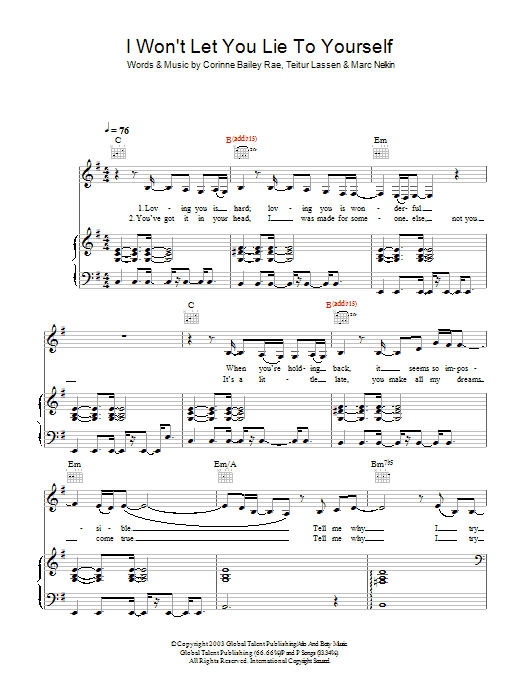 Learn to play Corinne Bailey Rae I Won't Let You Lie To Yourself sheet music for Lyrics & Chords in minutes. Corinne Bailey Rae I Won't Let You Lie To Yourself sheet music preview music notes and score for Lyrics & Chords including 2 page(s)