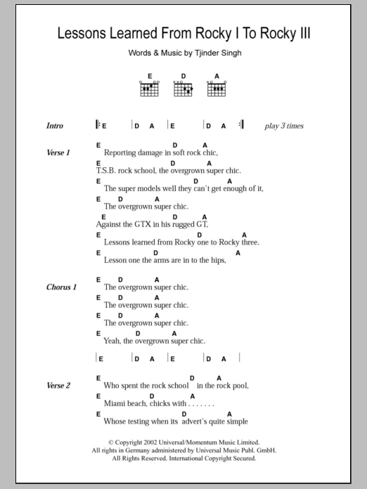 Cornershop Lessons Learned From Rocky I To Rocky III sheet music, chords, lyrics - Printable PDF for Lyrics & Chords