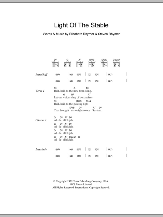 Cornershop Light Of The Stable sheet music, chords, lyrics - Printable PDF for Lyrics & Chords