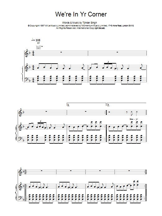Cornershop We're In Yr Corner sheet music, chords, lyrics - Printable PDF for Piano, Vocal & Guitar (Right-Hand Melody)