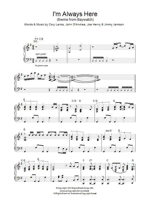 Jimi Jamison I'm Always Here (theme from Baywatch) sheet music preview music notes and score for Piano including 4 page(s)