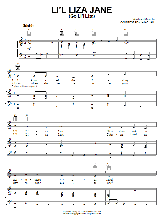 Learn to play Countess Ada De Lachau Li'l Liza Jane (Go Li'l Liza) sheet music for Piano, Vocal & Guitar (Right-Hand Melody) in minutes. Countess Ada De Lachau Li'l Liza Jane (Go Li'l Liza) sheet music notes and chords