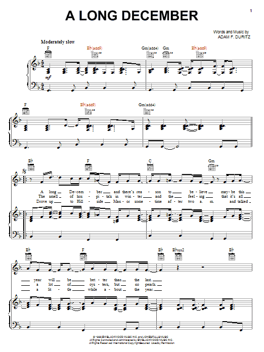 Learn to play Counting Crows A Long December sheet music for Piano, Vocal & Guitar (Right-Hand Melody) in minutes. Counting Crows A Long December sheet music notes and chords