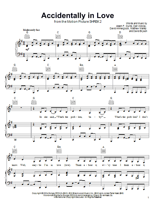 Counting Crows Accidentally In Love (from Shrek 2) sheet music preview music notes and score for Easy Piano including 4 page(s)