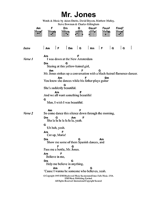 Learn to play Counting Crows Mr. Jones sheet music for Piano, Vocal & Guitar (Right-Hand Melody) in minutes. Counting Crows Mr. Jones sheet music notes and chords