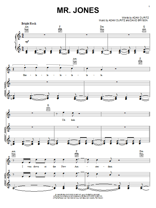 Counting Crows Mr. Jones sheet music preview music notes and score for Piano, Vocal & Guitar (Right-Hand Melody) including 10 page(s)