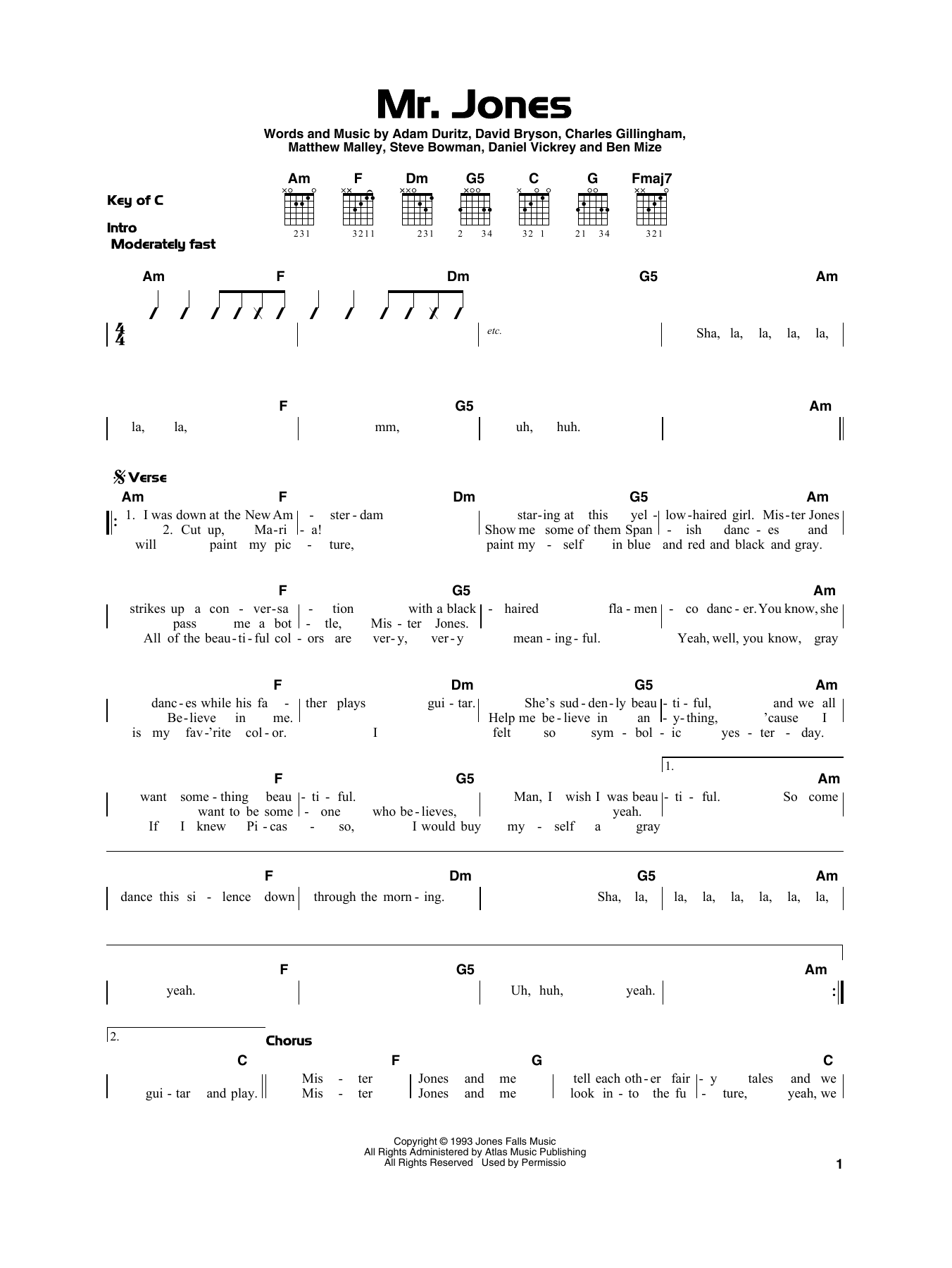Learn to play Counting Crows Mr. Jones sheet music for Piano, Vocal & Guitar (Right-Hand Melody) in minutes. Counting Crows Mr. Jones sheet music preview music notes and score for Piano, Vocal & Guitar (Right-Hand Melody) including 10 page(s)