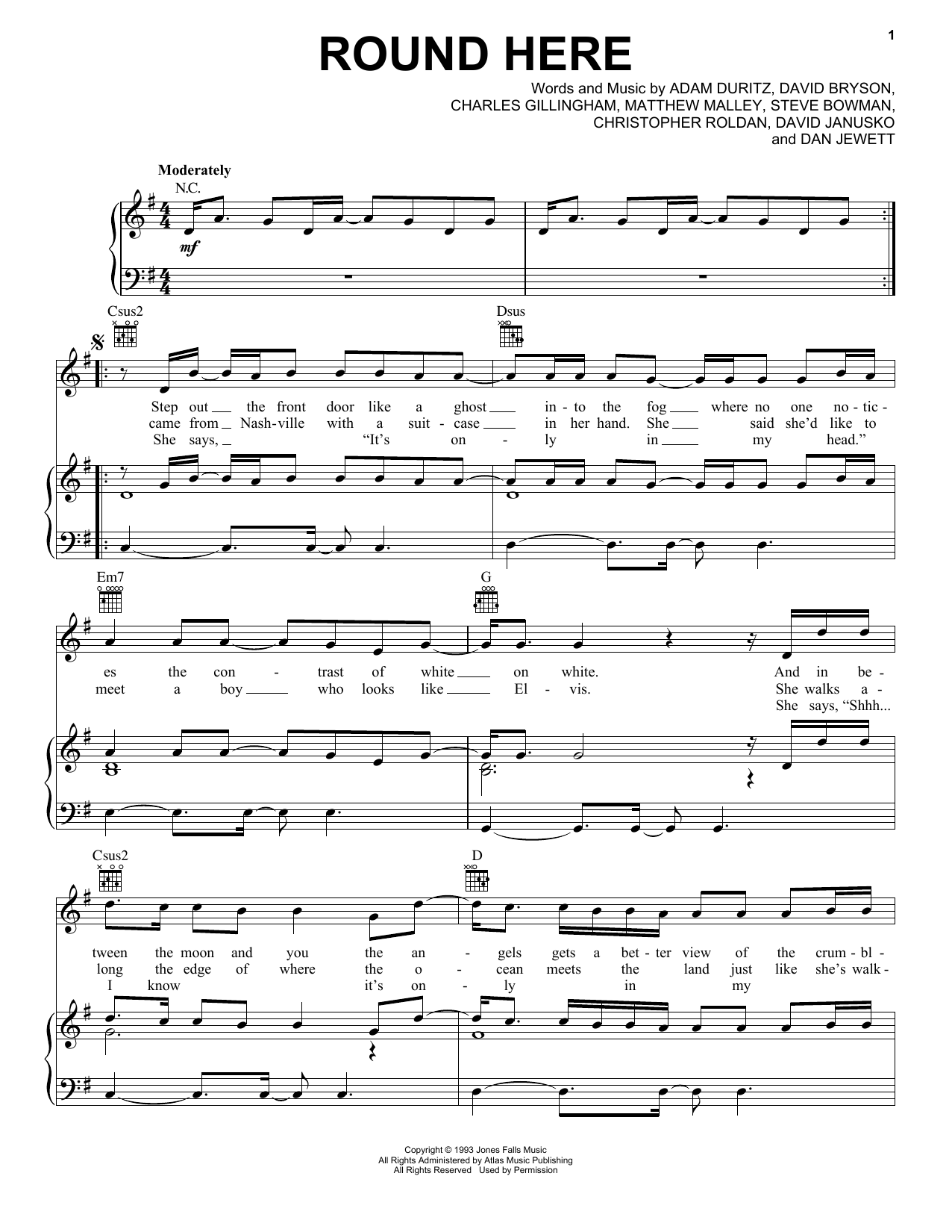 Counting Crows Round Here sheet music preview music notes and score for Piano, Vocal & Guitar (Right-Hand Melody) including 6 page(s)
