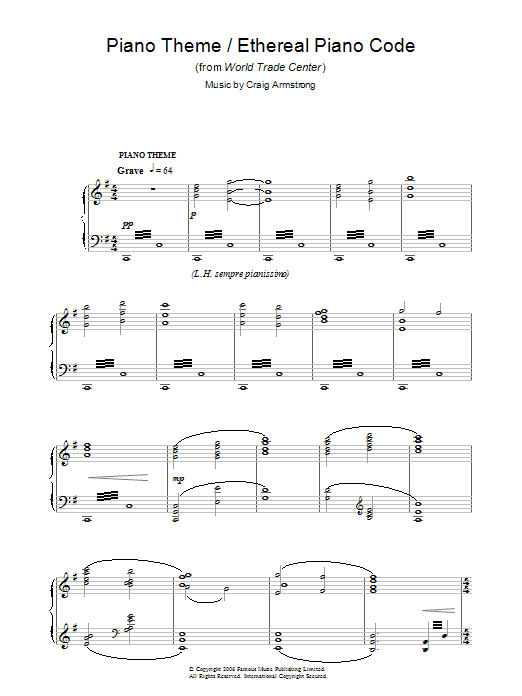 Craig Armstrong Piano Theme/Ethereal Piano Code (from World Trade Center) sheet music, chords, lyrics - Printable PDF for Piano