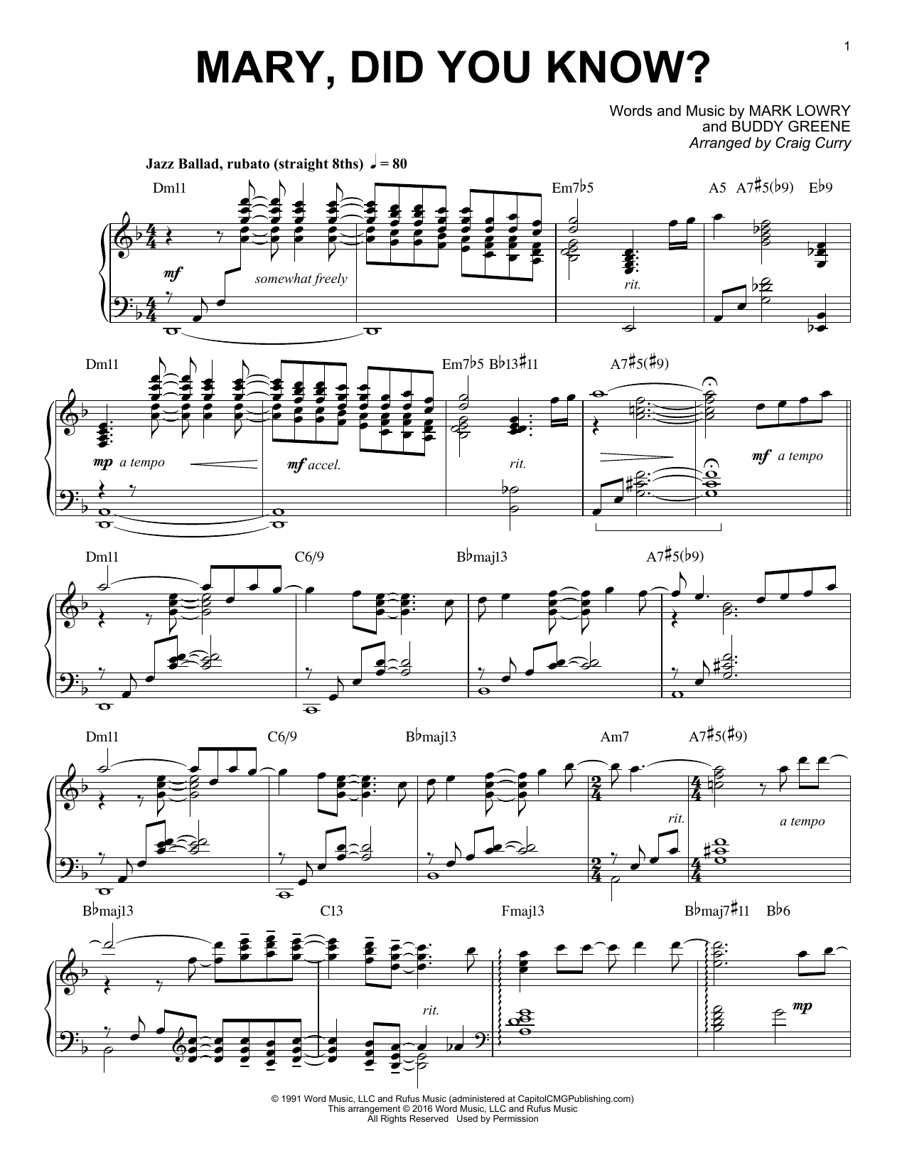 Craig Curry Mary, Did You Know? sheet music, chords, lyrics - Printable PDF for Piano