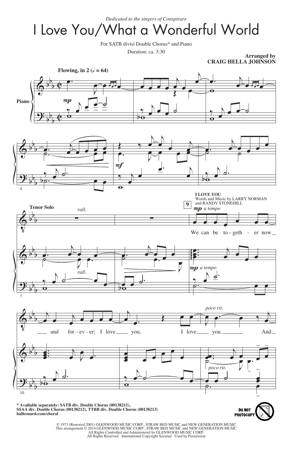 Craig Hella Johnson I Love You/What A Wonderful World sheet music, chords, lyrics - Printable PDF for SATB