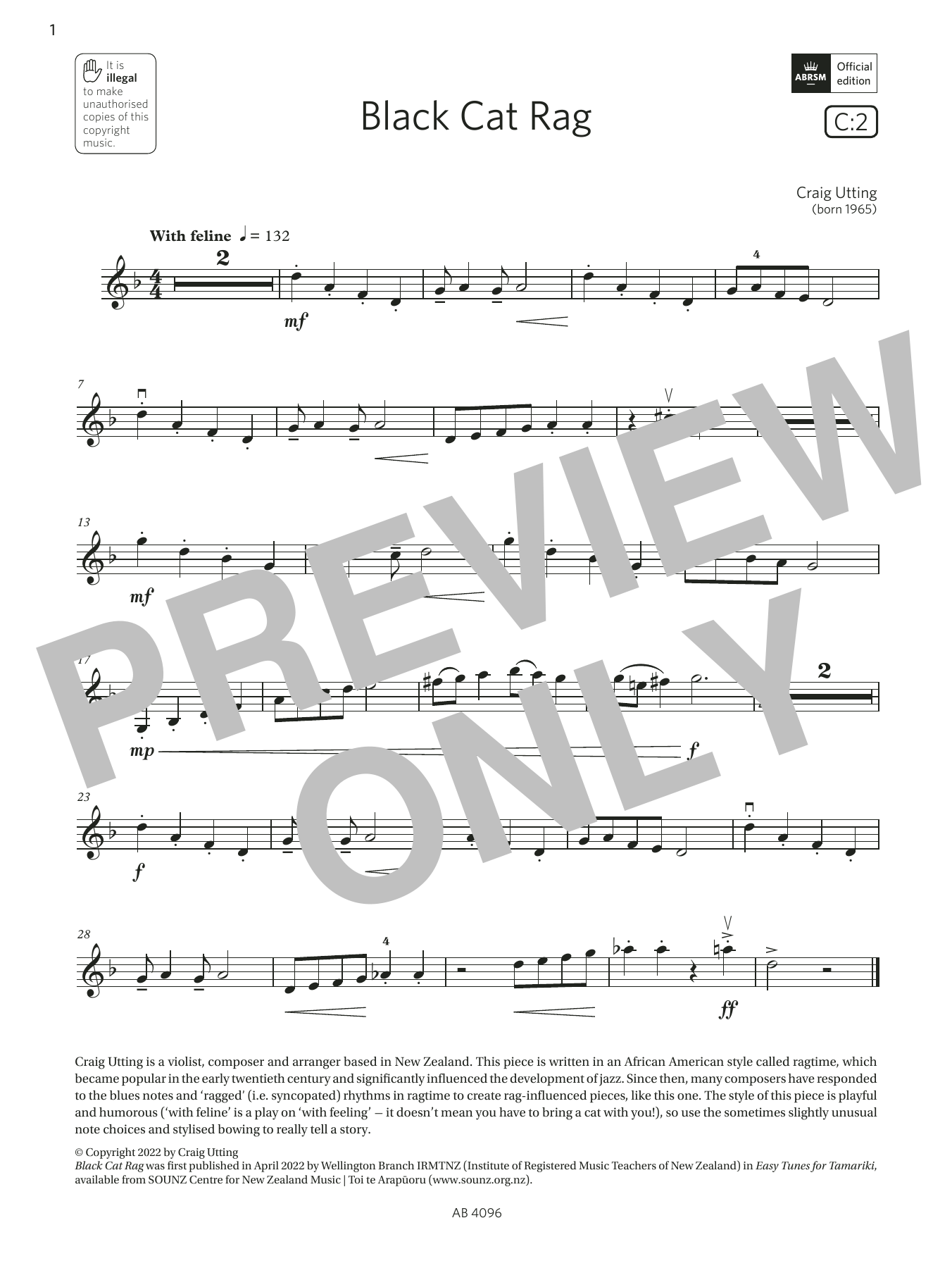 Craig Utting Black Cat Rag (Grade 2, C2, from the ABRSM Violin Syllabus from 2024) sheet music, chords, lyrics - Printable PDF for Violin Solo