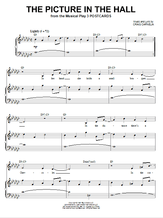 Learn to play Craig Carnelia The Picture In The Hall sheet music for Piano & Vocal in minutes. Craig Carnelia The Picture In The Hall sheet music preview music notes and score for Piano & Vocal including 9 page(s)
