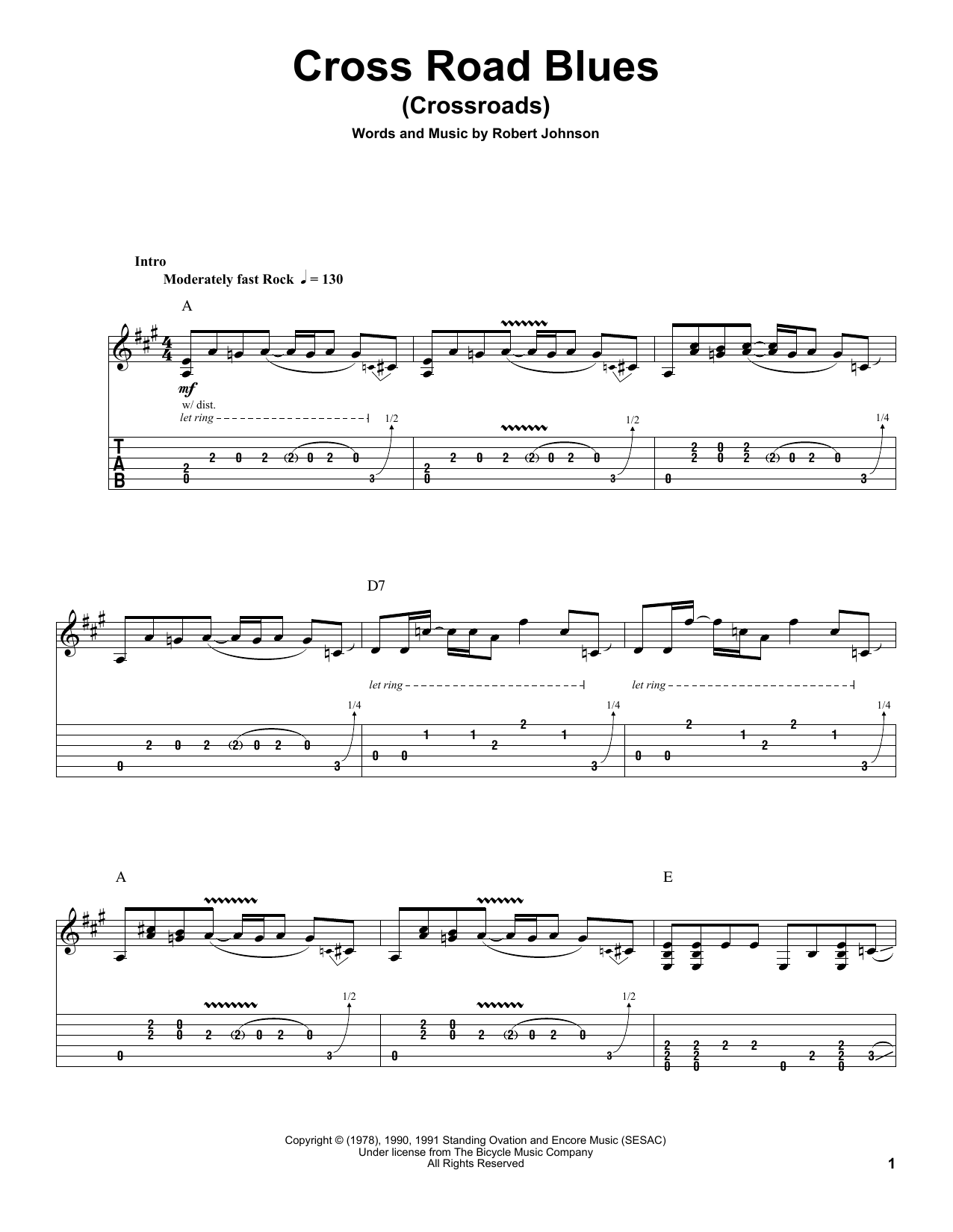 Cream Cross Road Blues (Crossroads) sheet music preview music notes and score for Guitar Tab including 8 page(s)