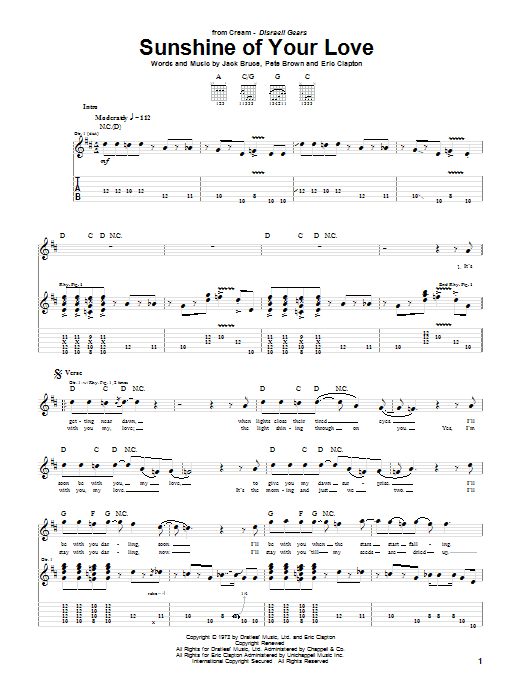 Learn to play Cream Sunshine Of Your Love sheet music for Easy Guitar Tab in minutes. Cream Sunshine Of Your Love sheet music notes and chords