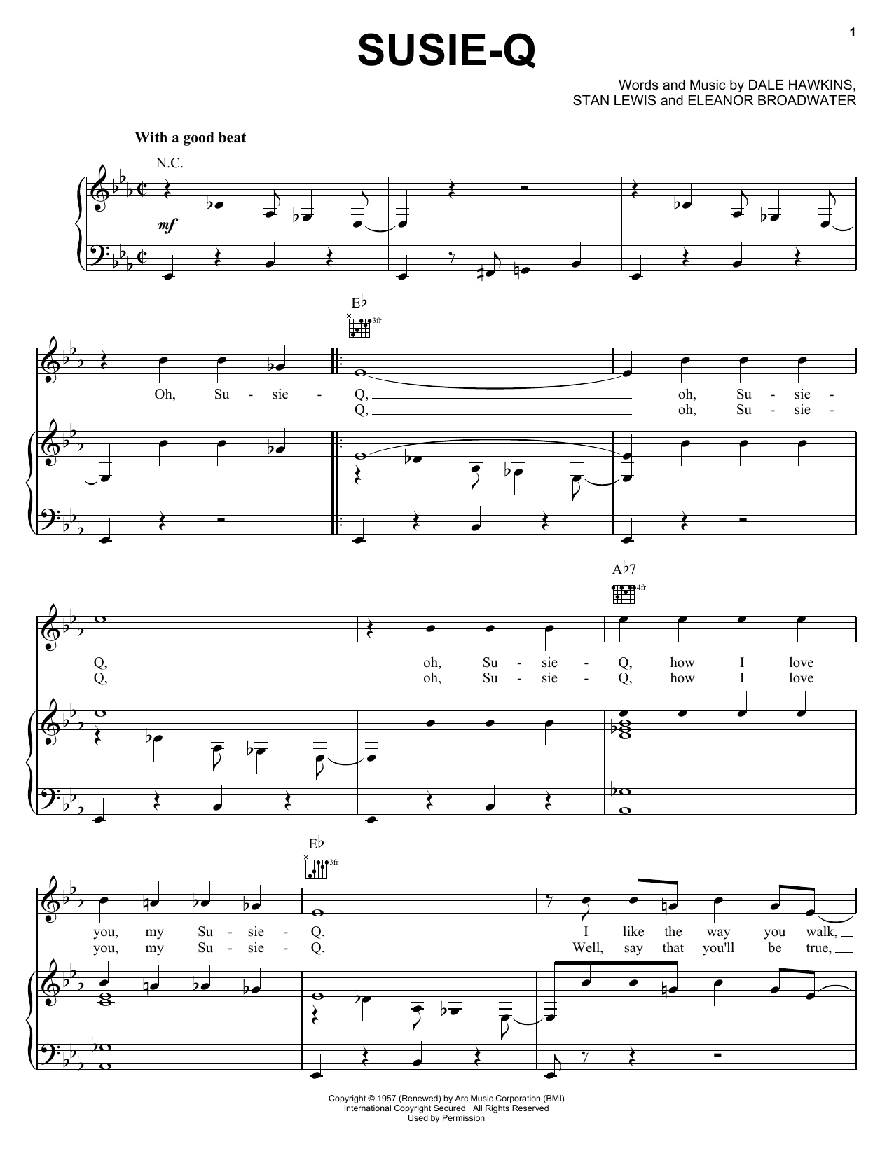 Download Creedence Clearwater Revival Susie-Q sheet music notes and chords for Piano, Vocal & Guitar (Right-Hand Melody) - Download Printable PDF and start playing in minutes.