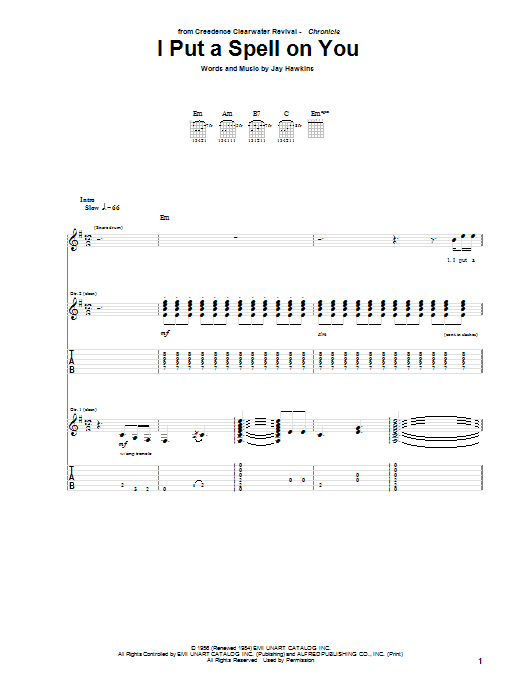 Learn to play Creedence Clearwater Revival I Put A Spell On You sheet music for Guitar Tab in minutes. Creedence Clearwater Revival I Put A Spell On You sheet music preview music notes and score for Guitar Tab including 9 page(s)