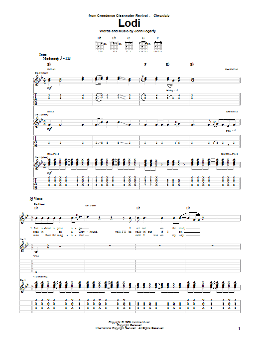 Learn to play Creedence Clearwater Revival Lodi sheet music for Guitar Tab in minutes. Creedence Clearwater Revival Lodi sheet music preview music notes and score for Guitar Tab including 5 page(s)
