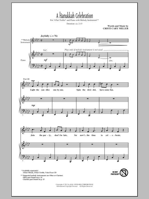 Learn to play Cristi Cary Miller A Hanukkah Celebration sheet music for 3-Part Mixed in minutes. Cristi Cary Miller A Hanukkah Celebration sheet music notes and chords