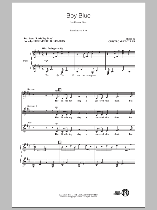 Learn to play Cristi Cary Miller Boy Blue sheet music for SSA in minutes. Cristi Cary Miller Boy Blue sheet music preview music notes and score for SSA including 12 page(s)