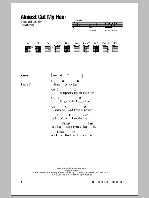Crosby, Stills & Nash Almost Cut My Hair sheet music, chords, lyrics - Printable PDF for Lyrics & Chords